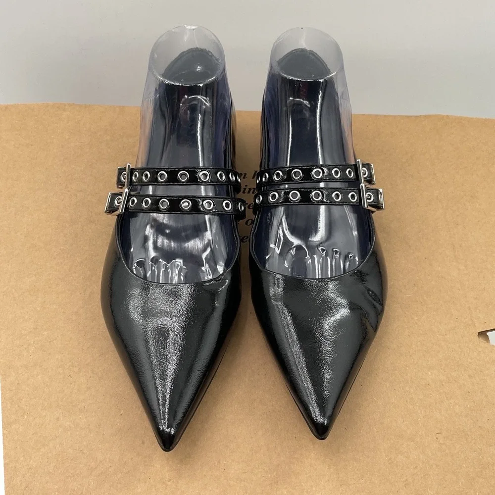 Open Edit Black Patent Pointed Toe Mary Jane Flats Double Grommet Buckle Straps